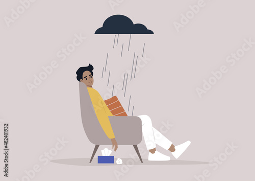 A young male character in a bad mood sitting in an armchair, a dark rainy cloud hovering above, a depressive episode, mental breakdown