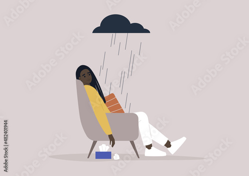 A young female African character in a bad mood sitting in an armchair, a dark rainy cloud hovering above, a depressive episode, mental breakdown