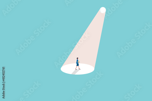 Business recruitment vector concept. Businesswoman in spotlight. Symbol of hiring, headhunting, searching for talent, skill, new career opportunities. Eps10 vector illustration