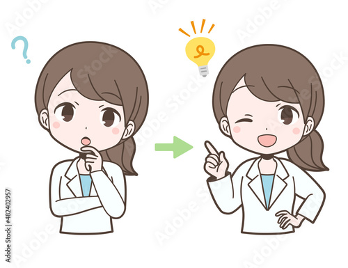 白衣姿で疑問が解決する若い女性