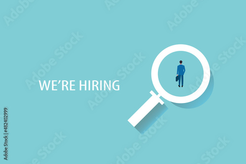Hiring or recruitment website banner vector template with businessman and businesswoman in magnifying glass. Job vacancy advertisement. Eps10 illustration