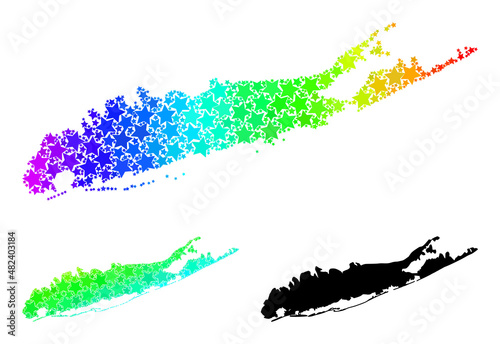 Spectral gradient star collage map of Long Island. Vector colorful map of Long Island with spectral gradients. Mosaic map of Long Island collage is done with scattered colored star elements.