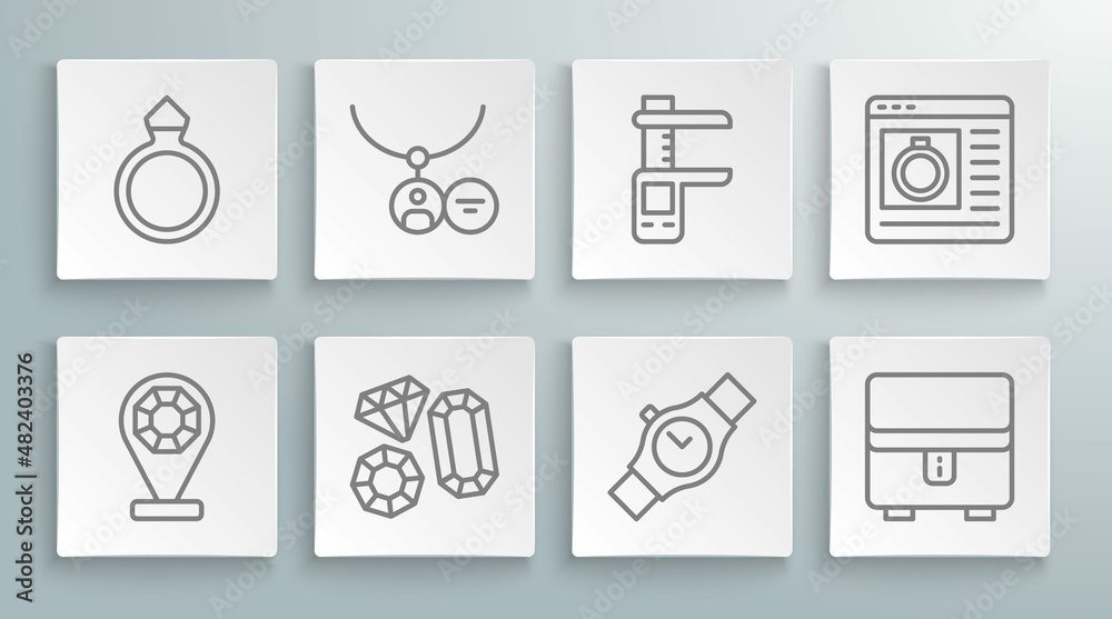 Set line Jewelry store, Locket on necklace, Gem stone, Wrist watch, box, Calliper caliper and scale, online shopping and Diamond engagement ring icon. Vector Set line Jewelry store, Locket on necklace, Gem stone, Wrist watch, box, Calliper caliper and scale, online shopping and Diamond engagement ring icon. Vector