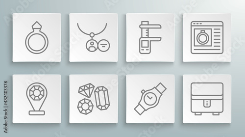 Set line Jewelry store, Locket on necklace, Gem stone, Wrist watch, box, Calliper caliper and scale, online shopping and Diamond engagement ring icon. Vector