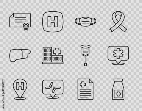 Set line Location hospital, Medicine bottle and pills, Medical protective mask, Heart rate, Certificate template, Hospital building, Patient record and icon. Vector