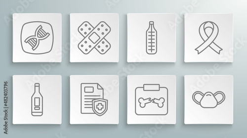 Set line Digital thermometer, Crossed bandage plaster, Patient record, X-ray shots with broken bone, Medical protective mask, Awareness ribbon and DNA symbol icon. Vector