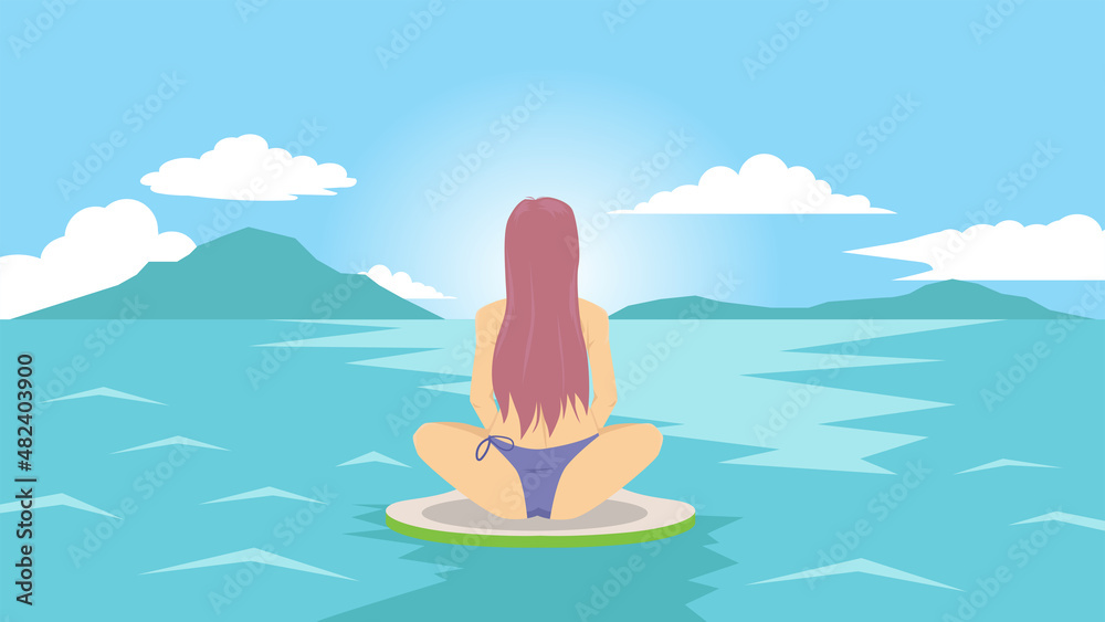 Summer time of Woman in a bikini sits on a surfboard. Gazing at the sun at the edge of the sea, blocked by islands. Under the blue sky and white clouds.