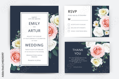 Elegant vector floral wedding invite, rsvp, thank you card set. Pink, ivory w...
