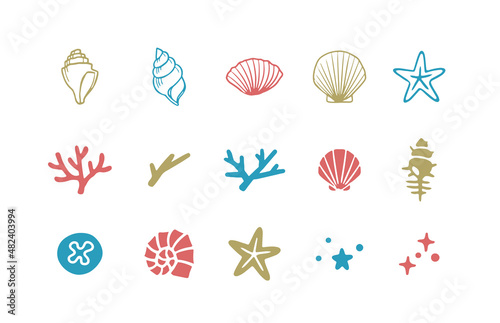 シンプルでかわいい海辺の装飾イラストセット　アイコン　貝殻　珊瑚　ヒトデ photo