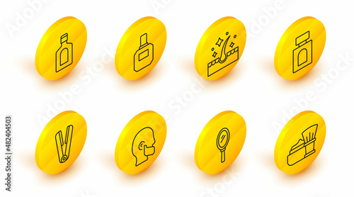 Set line Shaving brush with foam, Hand mirror, Mustache beard, Curling iron for hair, Aftershave, Oil care treatment, and Bottle of shampoo icon. Vector