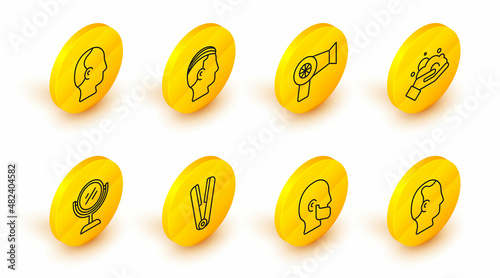 Set line Baldness, Mustache and beard, Curling iron for hair, Hand mirror, Shaving foam hand, Hair dryer, Hairstyle men and icon. Vector