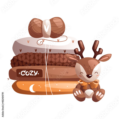 A cartoon cute toy fawn with a bow sits and smiles next to a stack of clothes and a knitting ball of wool. Detailed vector illustration.