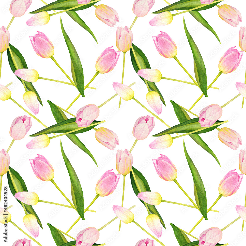Romantic seamless pattern of pink tulips on a light background. Watercolor drawing.