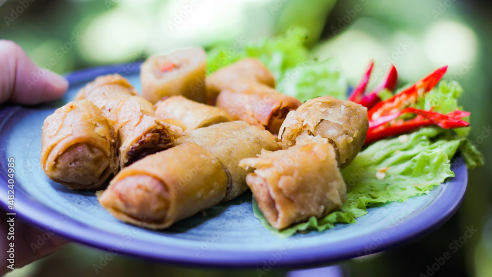 Deep fried spring rolls in blue plates with vegetables, chili and dipping sauce (Chinese food) Deep fried spring rolls in blue plates with vegetables, chili and dipping sauce (Chinese food)