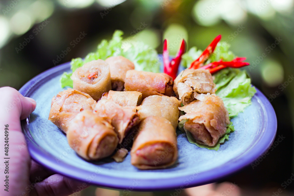 Deep fried spring rolls in blue plates with vegetables, chili and dipping sauce (Chinese food) Deep fried spring rolls in blue plates with vegetables, chili and dipping sauce (Chinese food)