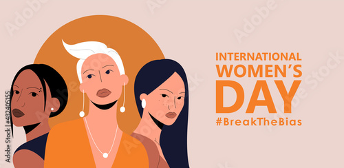 Horizontal poster with a group of women of different ethnic group. International women’s day. 8th march. #BreakTheBias. Vector illustration in flat style for banner, social networks. Eps 10.