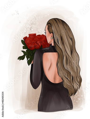 Girl with roses isolated illustration. Young woman in black dress hand drawn. Girl with blonde hair with bouquet of flowers on brown background. Bouquet of red roses 