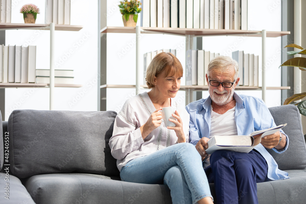 senior couple reading a book and self learning in living room senior couple reading a book and self learning in living room