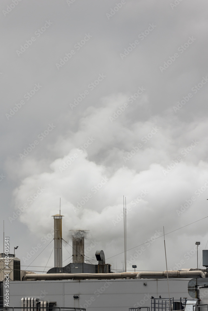 Puffs of steam coming out of chimneys on the roof of an industrial plant. Picture taken on a cloudy day, uniform and soft light.