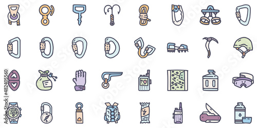 Climbing equipment color vector doodle simple icon set