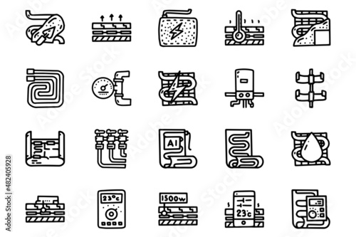 Underfloor heating system line vector doodle simple icon set