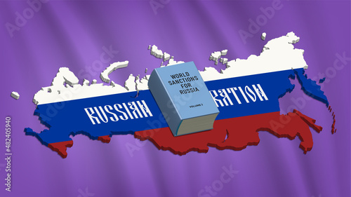 3d map of the Russian Federation painted in the colors of the flag. Big book with an inscription, world sanctions for Russia, volume 1. Wavy violet background