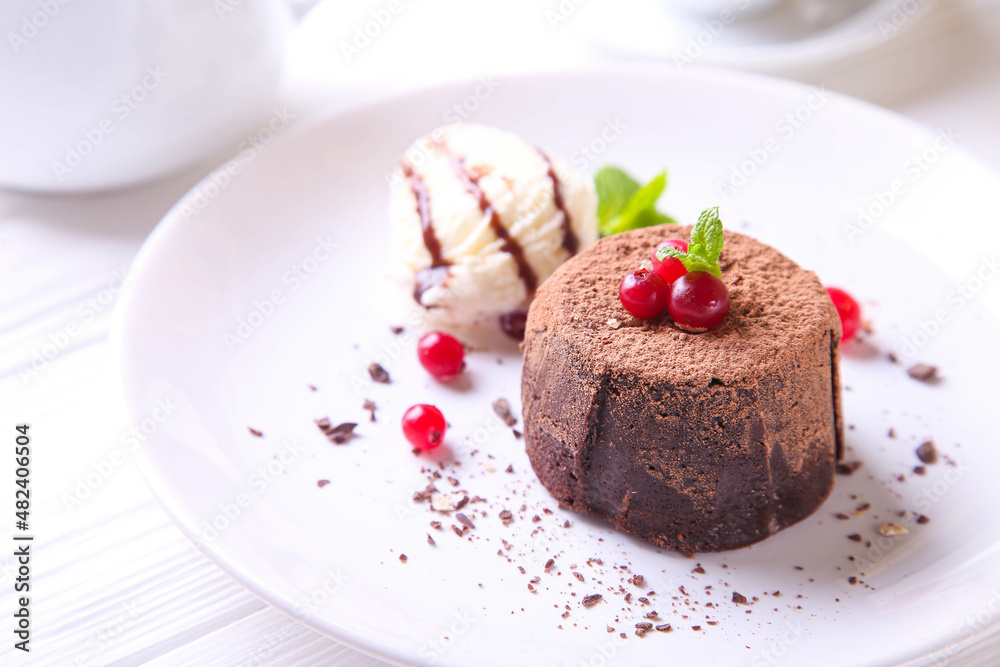 Chocolate fondant with ice cream, cranberries and mint on a white plate Chocolate fondant with ice cream, cranberries and mint on a white plate