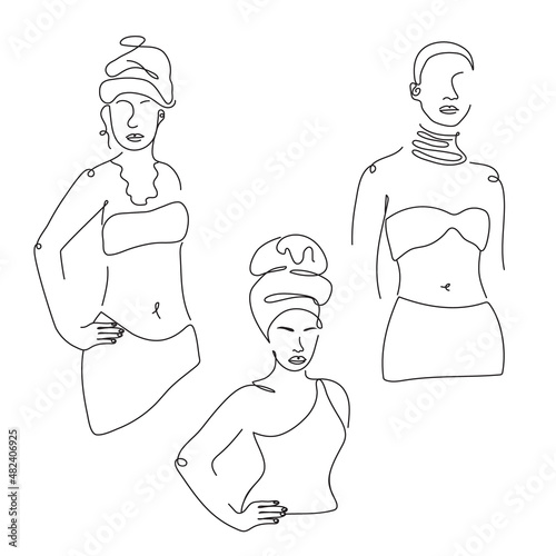 Tattoo contour set of African, American avatar figure of girl. Simple vector illustration in one line art