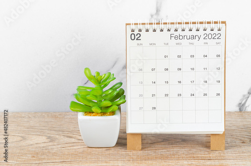 February 2022 desk calendar with plant on wooden table.