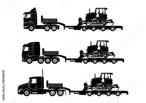 Bulldozer transport. Set of silhouettes of a heavy bulldozer on continuous tracks being transported by heavy hauler. Vector.