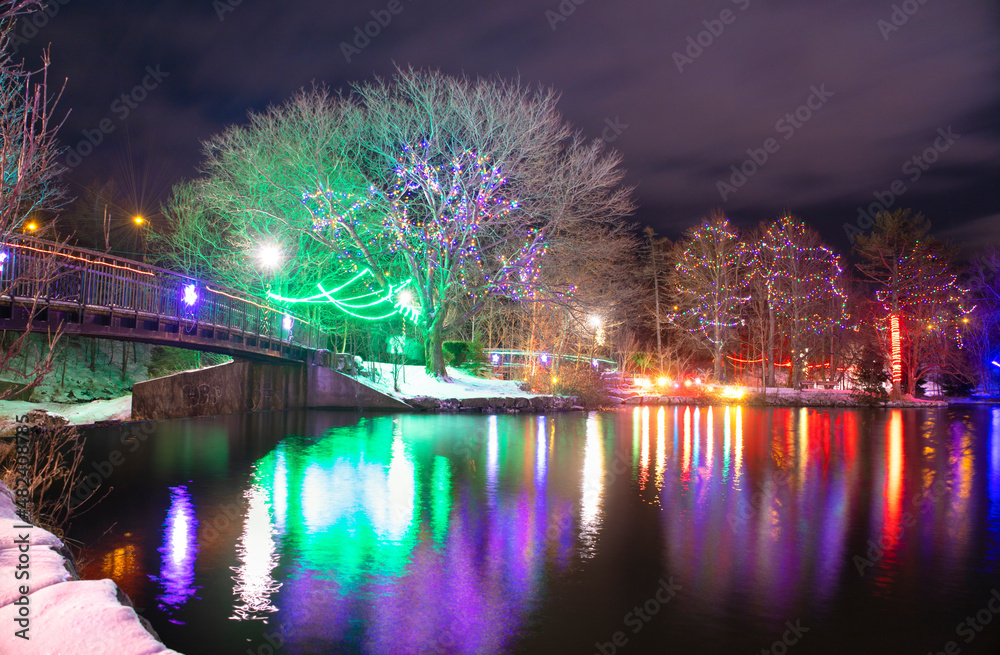 Christmas lights along the pond in the park