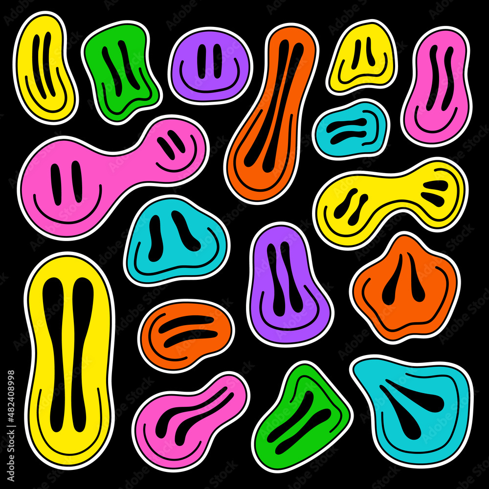 Cheerful acid smiling faces, different face shapes. Stickers in retro  style, drug trip, hand drawn, with a white stroke, and isolated on a black  background Stock Vector | Adobe Stock