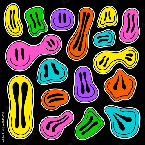 Cheerful acid smiling faces, different face shapes. Stickers in retro style, drug trip, hand drawn, with a white stroke, and isolated on a black background