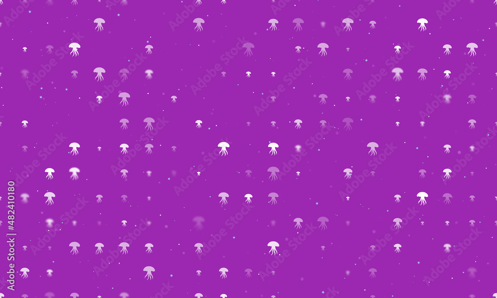 Seamless background pattern of evenly spaced white jellyfish symbols of different sizes and opacity. Vector illustration on purple background with stars