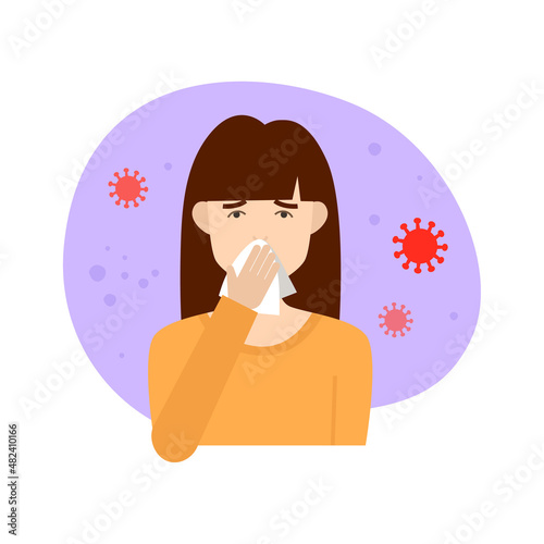 Woman blowing her nose into white handkerchief