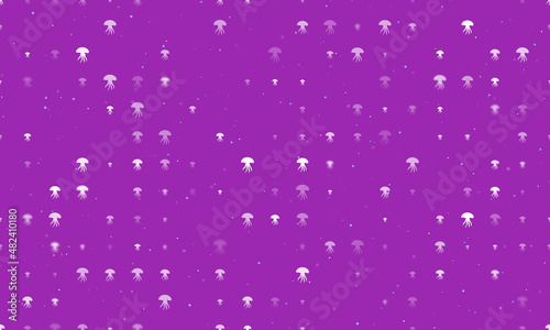 Seamless background pattern of evenly spaced white jellyfish symbols of different sizes and opacity. Vector illustration on purple background with stars