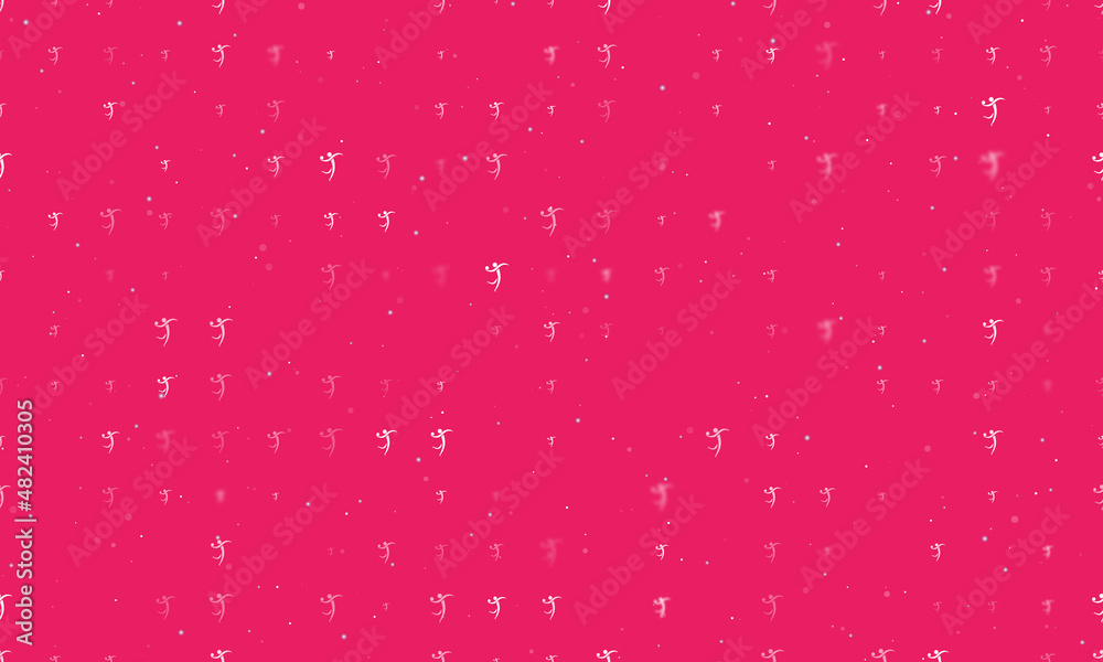 Seamless background pattern of evenly spaced white handball symbols of different sizes and opacity. Vector illustration on pink background with stars