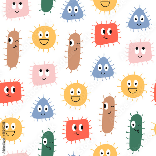Cute  seamless pattern of characters virus or bacteria on a white background. Colorful cartoon microbes in geometric shapes. Funny vector illustration. 