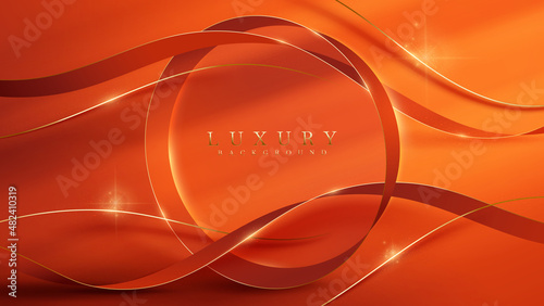 Orange luxury background with circle frame decoration and golden 3d ribbon and glitter light effect element.