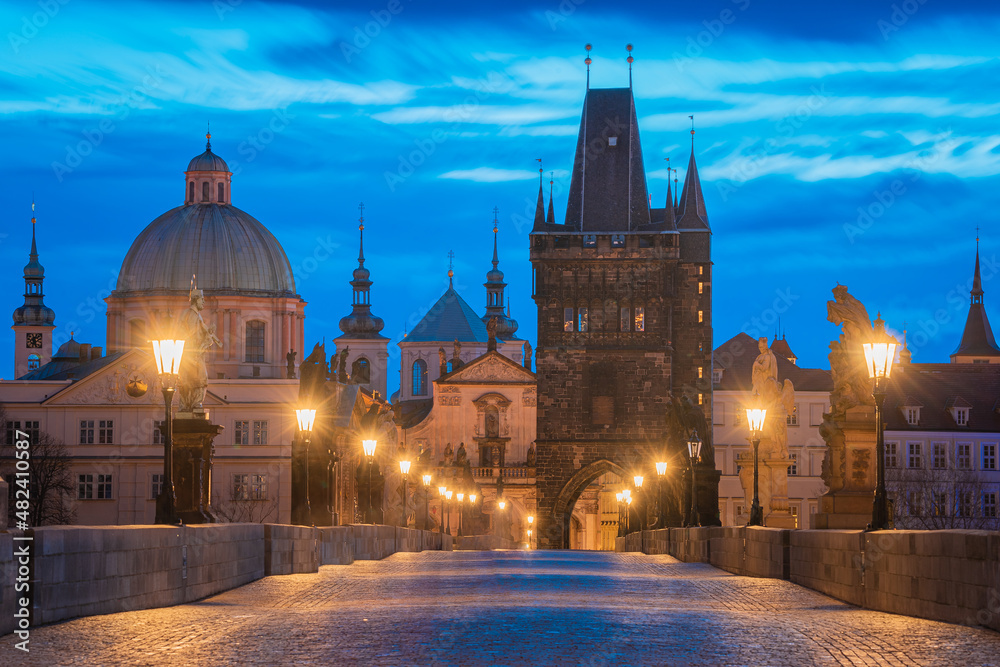 Empty Charles Bridge in Prague, Czechia at sunrise