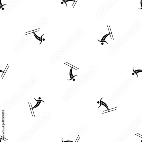 Seamless pattern of repeated black freestyle skiing symbols. Elements are evenly spaced and some are rotated. Vector illustration on white background