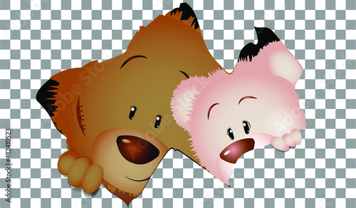 Two cute teddy bears peek out. Vector illustration isolated on transparent background