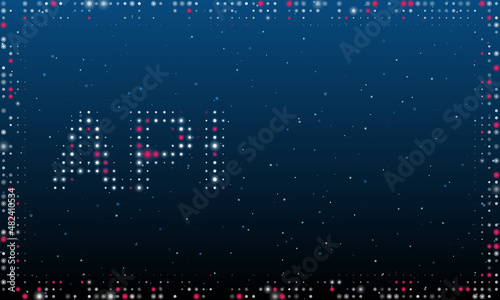On the left is the api symbol filled with white dots. Pointillism style. Abstract futuristic frame of dots and circles. Some dots is pink. Vector illustration on blue background with stars