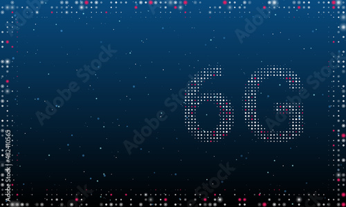 On the right is the 6G symbol filled with white dots. Pointillism style. Abstract futuristic frame of dots and circles. Some dots is pink. Vector illustration on blue background with stars