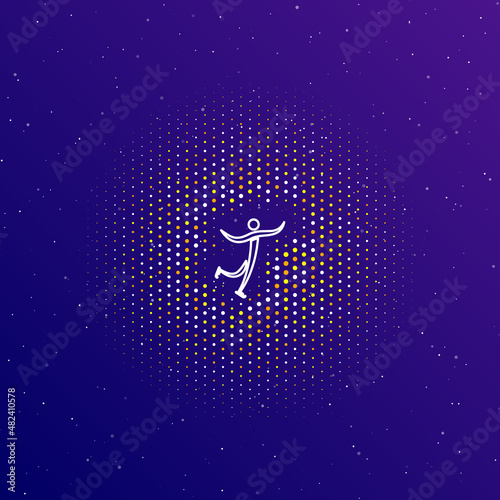 A large white contour figure skating symbol in the center, surrounded by small dots. Dots of different colors in the shape of a ball. Vector illustration on dark blue gradient background with stars © Alexey