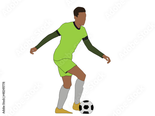 Vector illustration of a flat face of a football player wearing a green jersey dribbling a ball.