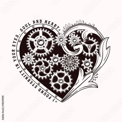 Heart decorated with gears, rivets and victorian elements in steampunk style. Love theme inscription. Black emblem on white background.