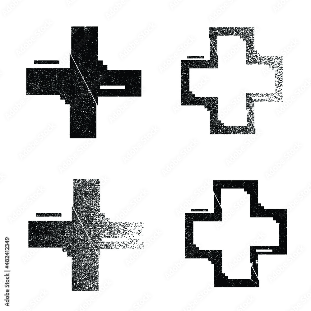 Obraz premium Glitch distorted geometric shape . Minimal art design . Noise destroyed cross logo . Trendy defect error shapes . Glitched x .Broken effect . Distress element . Grunge texture .vector