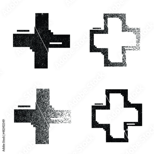 Glitch distorted geometric shape . Minimal art design . Noise destroyed cross logo . Trendy defect error shapes . Glitched x .Broken effect . Distress element . Grunge texture .vector