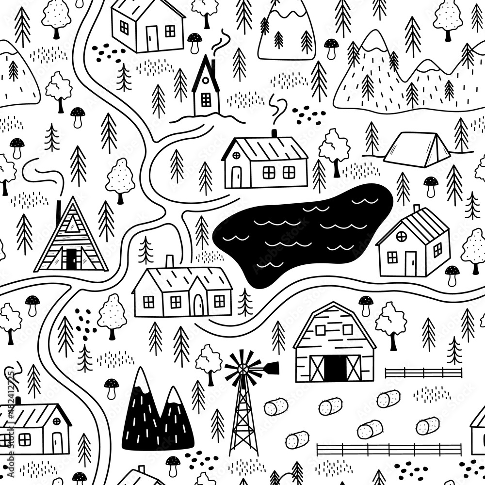 Seamless pattern of countryside village map with streets, roads, houses, river, mountains, forest and farm. Hand drawn rural town vector illustration. Kids game, background, design doodle elements